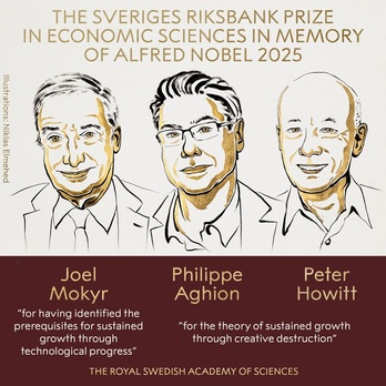Joel Mokyr, Philippe Aghion eta Peter Howitt, Ekonomia Nobel saridunak.