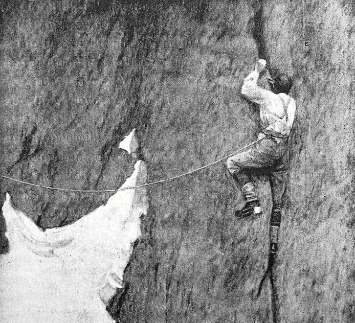 Albert F. Mummery escala la grieta que lleva su nombre en la Aiguille des Grands Charmoz, en 1882, fotografiado por Lily Bristow en el libro «My climbs in the Alps and Caucasus» (1895). Capitán Swing