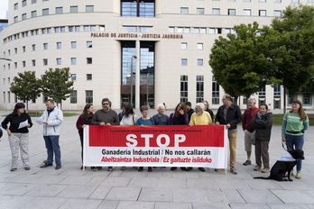 Concentración de la Plataforma Navarra contra las Macrogranjas ante el Palacio de Justicia el día del juicio.