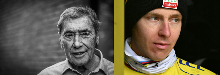 Eddy Merckx y Tadej Pogacar, dos monstruos del ciclismo, cada uno en su época.