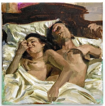 «El pellizco», óleo sobre lino -45 x 45-, realizado por el artista catalán Iván Floro, que se puede ver en la exposición «Llámalo X» de la galería bilbaina SC Gallery.