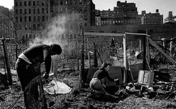 Beheko irudian, bi lagun New Yorkeko East Harlemen baratze bat landatzen, 1975 inguruan. Hurrengo orrialdean, gizon bat landareak zaintzen East Villageko 11. kaleko komunitate-lorategian, 90eko hamarkadan.