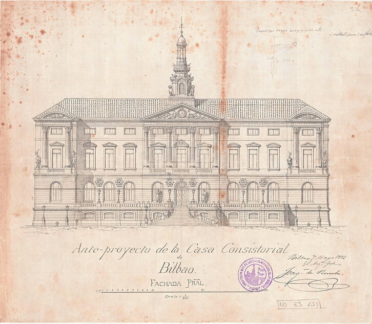 Plano del anteproyecto de la Casa Consistorial de Bilbo del arquitecto Joaquín Rucoba (1883-05-07).