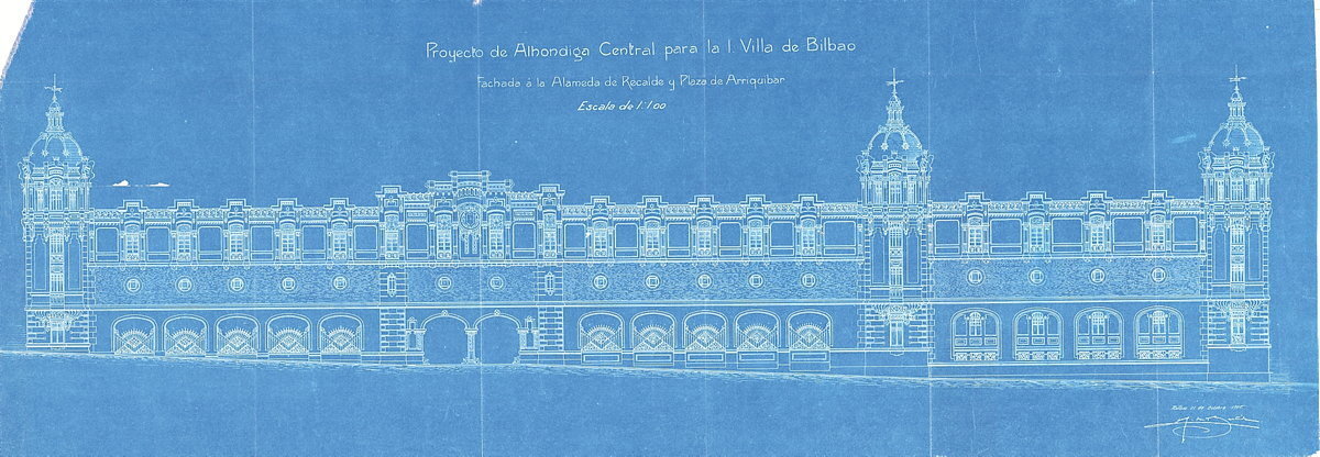 Plano de la fachada de la Alhóndiga (1905-10-31). Obra del arquitecto Ricardo Bastida Bilbao. (Archivo Municipal de Bilbo)