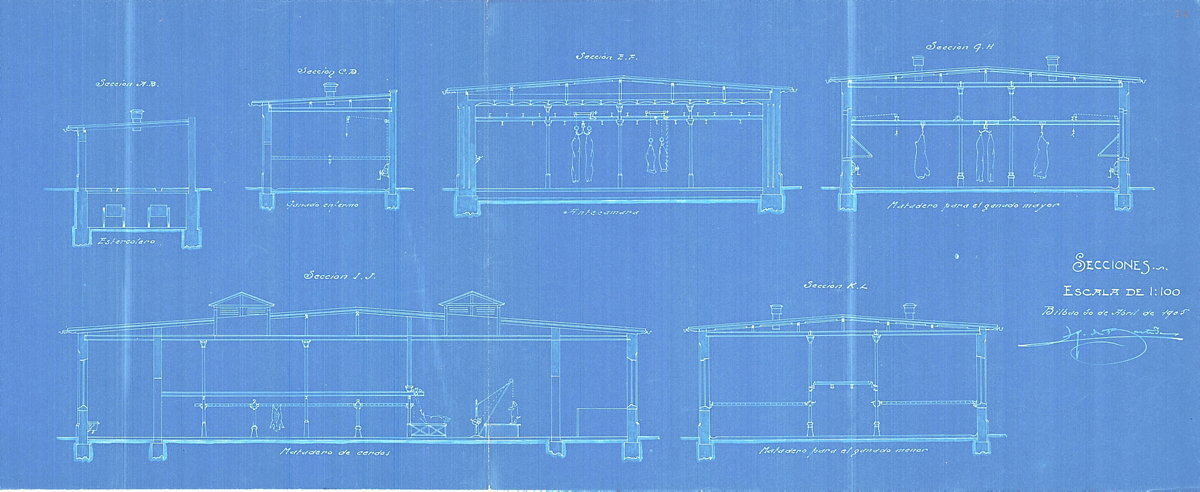 Plano del proyecto municipal del matadero de Iturrigorri, diseñado por el arquitecto Ricardo Bastida (1905-04-30). (Archivo Municipal de Bilbo)