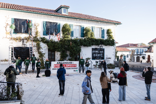 Elkartearen logodun tixertak soinean, herriko etxeko leihoak estali dituzte aktibista ekolgoistek.
