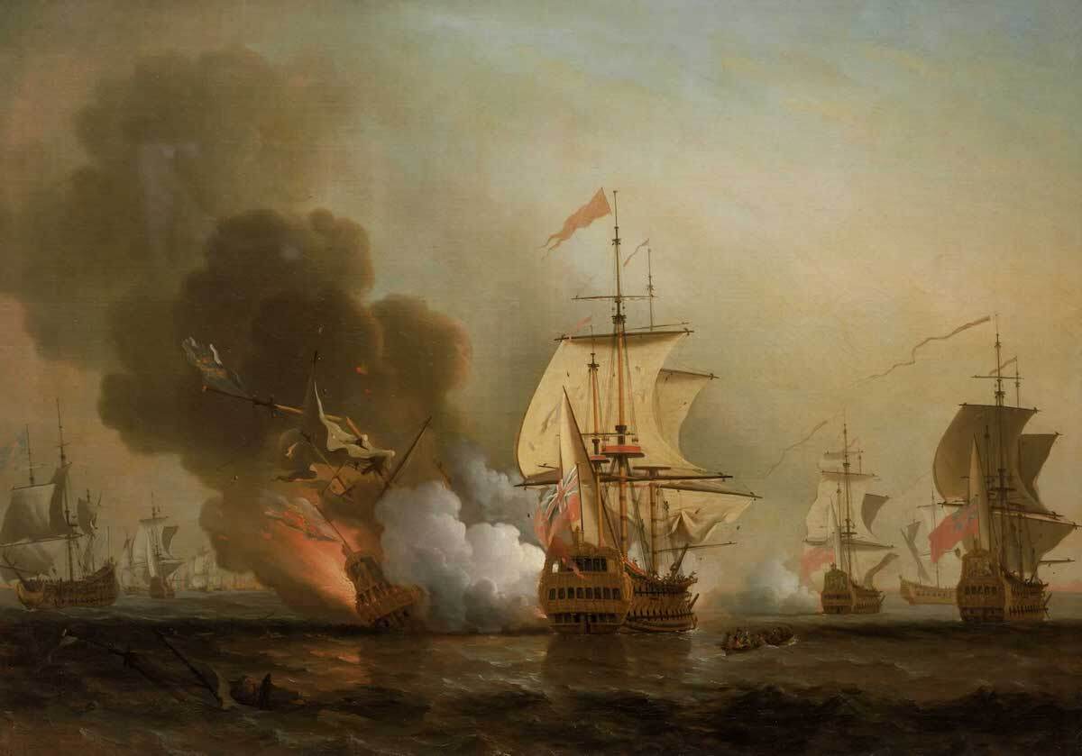 Momento del hundimiento del galeón San José tras ser atacado por buques británicos, en una ilustración de Samuel Scott. (NATIONAL MARITIME MUSEUM)