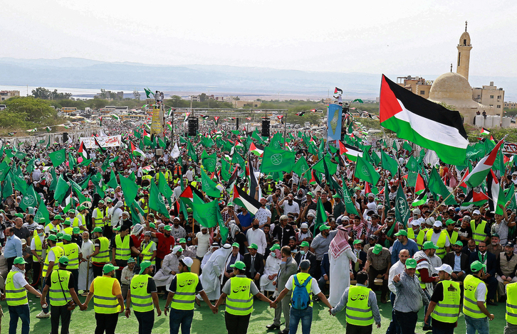 Manifestación de los Hermanos Musulmanes en Sweimen, Jordania, en solidaridad con Palestina, en 2021.