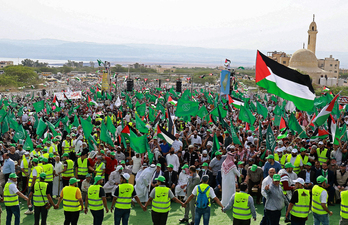 Manifestación de los Hermanos Musulmanes en Sweimen, Jordania, en solidaridad con Palestina.