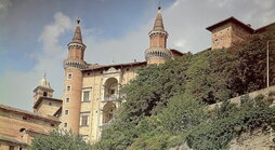 Urbinoko Dukearen jauregiaren alboko ikuspegia; bere lorategia hiri-egituretatik ezkutatuta dago, baina muinoetara irekita.