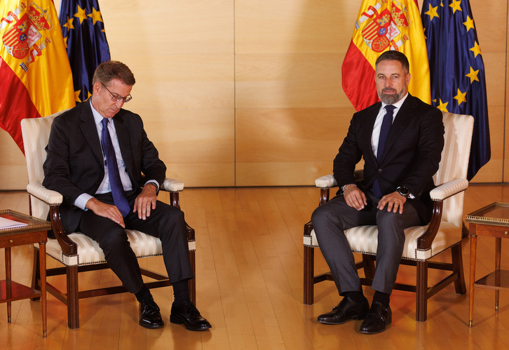 Feijóo y Abascal, líderes de PP y Vox, en una reunión en el ciclo de investidura de 2023.
