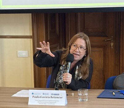 Paula Gaviria en el tercer foro interregional de legislación y políticas en materia de desplazamiento interno, que tuvo lugar en Sanremo (Italia), del 1 al 3 de octubre.