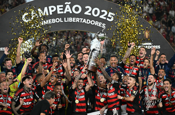 La plantilla del Flamengo celebra la Copa Libertadores conquistada el sábado por la noche ante el Palmeiras.