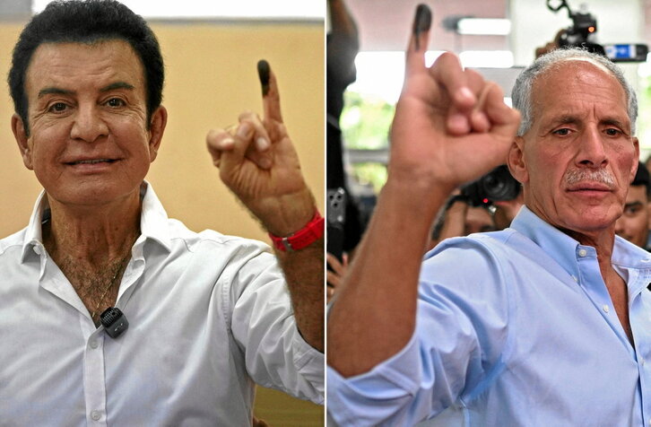 Combo de imágenes de Salvador Nasralla y Nasry Asfura mostrando sus dedos manchados de tinta tras emitir su voto el domingo.