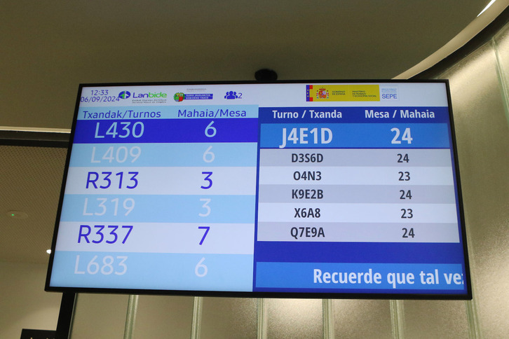 Panel de turnos en la oficina de Lanbide de Santutxu.