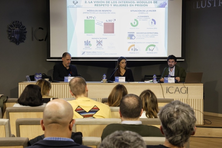 Aratz Estonba (Colegio de Abogacía de Gipuzkoa), Nahikari Borda (oficina del Ararteko) y Mikel Anderez (EHU), en el panel que ha expuesto la realidad en las prisiones.