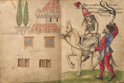 Imagen del siglo XVI del ilustrador alemán Christoph Weiditz que muestra el escarnio público a una mujer acusada de brujería.