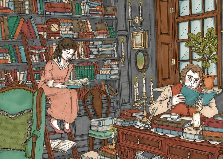 A la izquierda, ilustración de Ana Jarén para la recién publicada «Jane. Una biografía literaria de Jane Austen» (Lumen). Sobre estas líneas, reproducción de la novelista en el Centro Jane Austen de Bath, su ciudad natal.