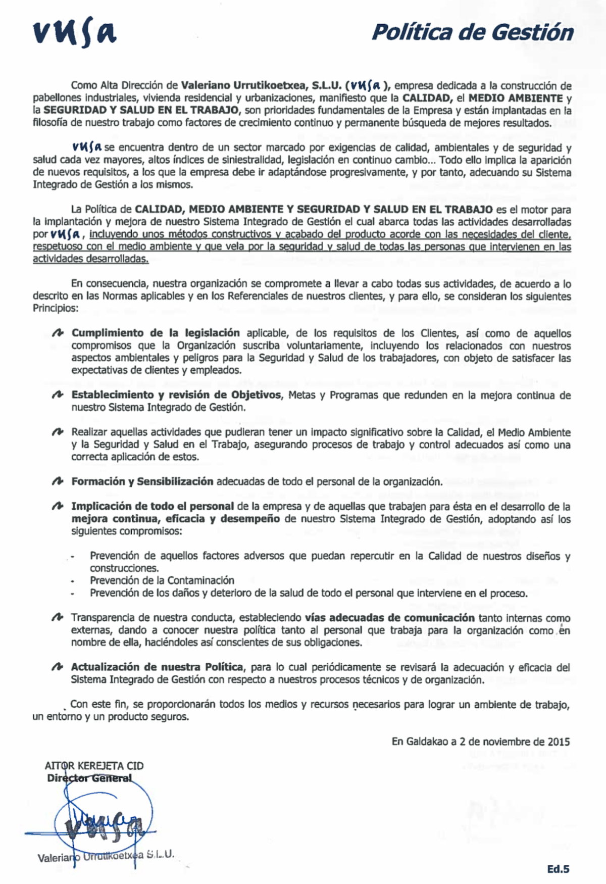 Documento en el que consta la firma de Aitor Kerejeta Cid como director general de VUSA en noviembre de 2015.
