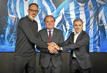 Matarazzo, Aperribay y Bretos, durante la presentación del nuevo técnico realista.