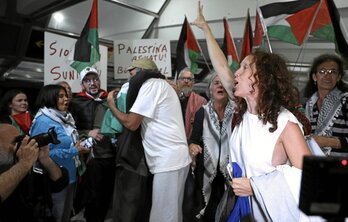 Los cuatro vascos participantes en la Global Summud Flotilla, a su llegada al aeropuerto de Loiu el pasado 10 de octubre.