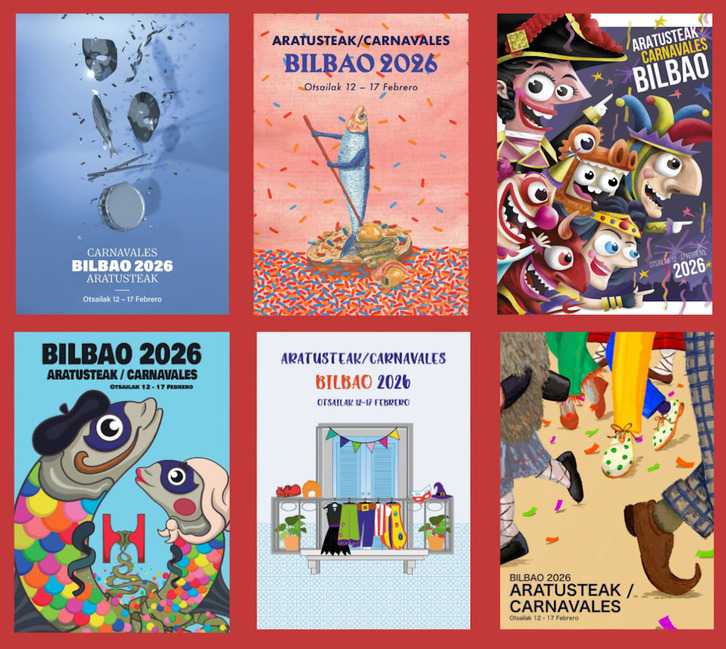 Bilboko Aratusteetako irudi izateko sei kartel finalistak.