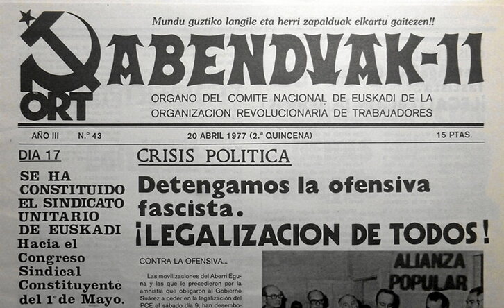 Cabecera de «Abenduak-11», una de las publicaciones de la ORT, y una pegatina de dicho partido.