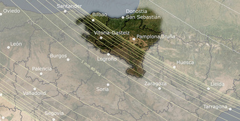Representación de la zona de sombra total que recorrerá gran parte de Euskal Herria.