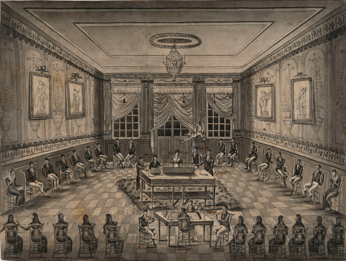 Dibujo realizado por Arriaga en 1817 de una sesión musical en un salón de Bilbo. (Juan Crisóstomo ARRIAGA)
