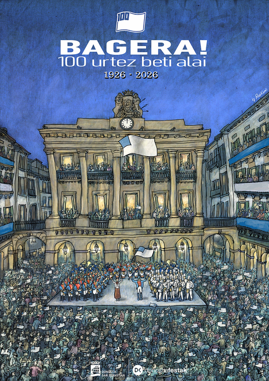 Cartel especial para esta izada de 2026, diseñado por el dibujante Fernando Huarte ‘Roskow’.