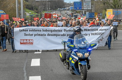 Nekazari eta abeltzainek atzo Behobian egin zuten protesta, jendarme bat aurrean dutela.