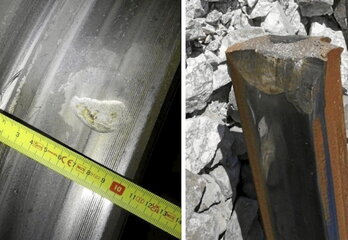 Imágenes remitidas por la CIAF de la rodadura del Iryo y del carril afectado en el accidente.