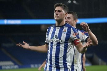 Peru Rodríguez celebra un gol en Anoeta ante el Huesca el 5 de noviembre.