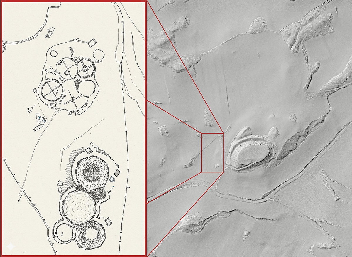Plano en 3D del IDENA donde se aprecia el poblado fortificado con su foso ovalado que aprovecha un promontorio natural. A su lado, dibujo de la necrópolis. (Tesela Arqueología)