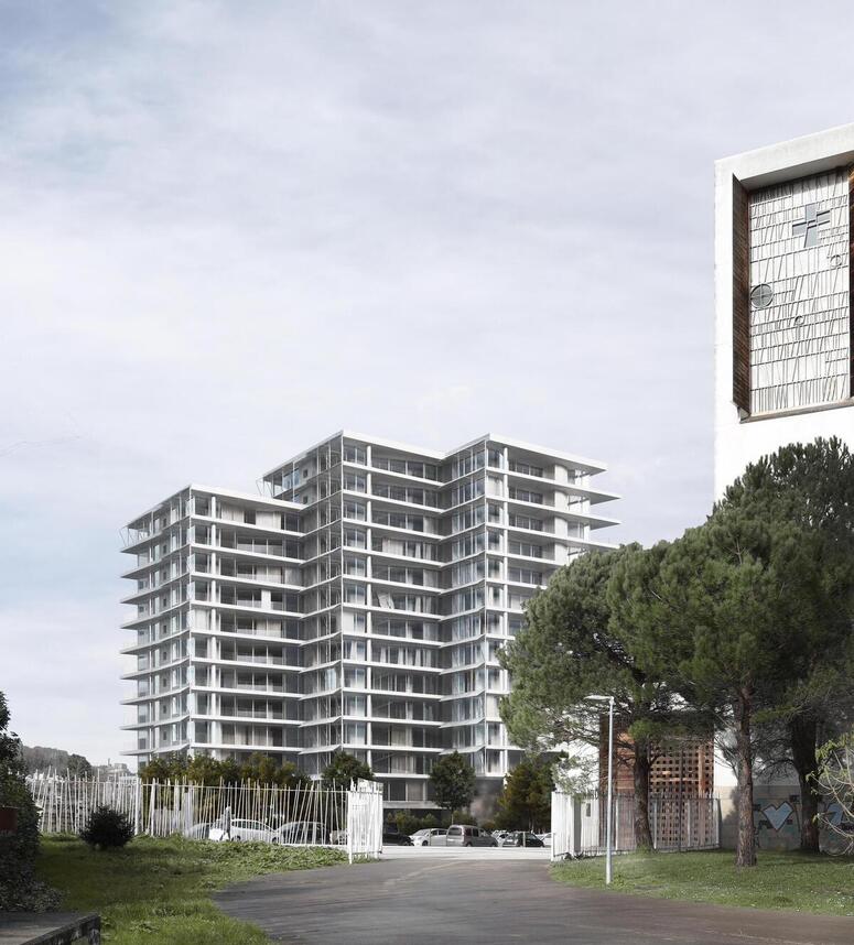 Infografía del proyecto, con el Jardin de la Memoria en primer plano y la iglesia de Iesu a la derecha. 