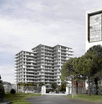 Infografía del proyecto, con el Jardín de la Memoria y la iglesia de Iesu.