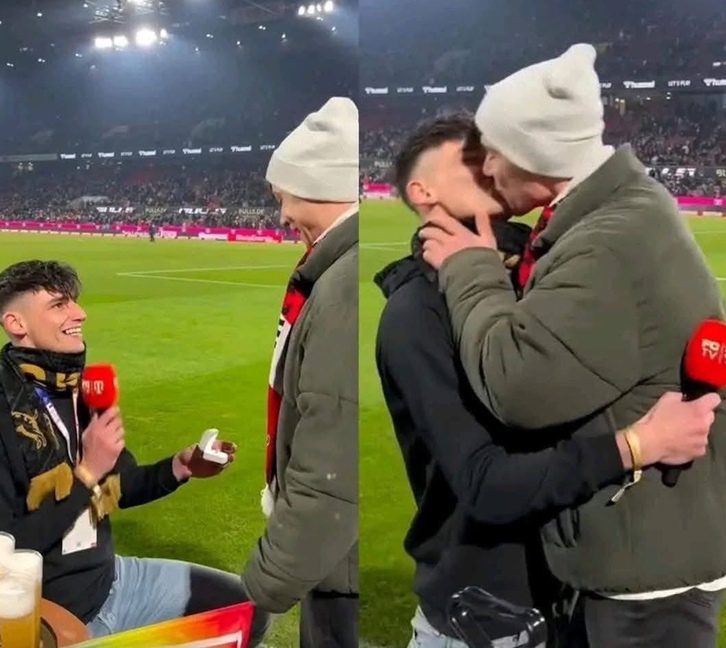 Pascal Kaiser pidiendo matrimonio a su pareja, en la previa del Colonia-Wolfsburgo.