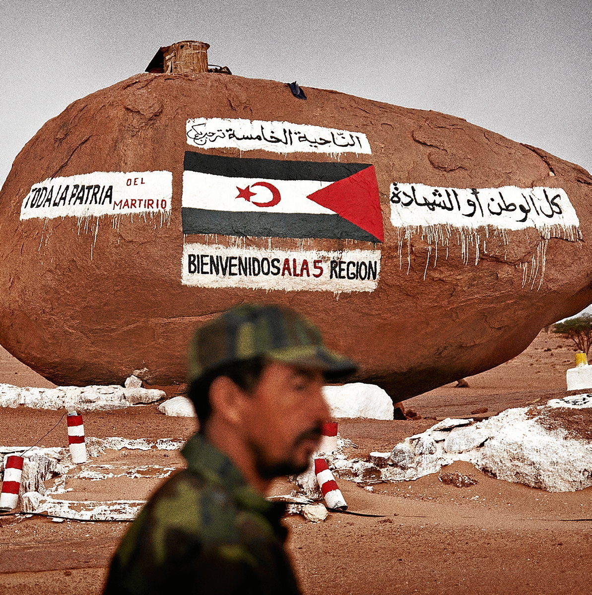 Un soldado pasa por delante de una roca pintada con la bandera del Frente Polisario. (Andoni Lubaki | Ronak Press)