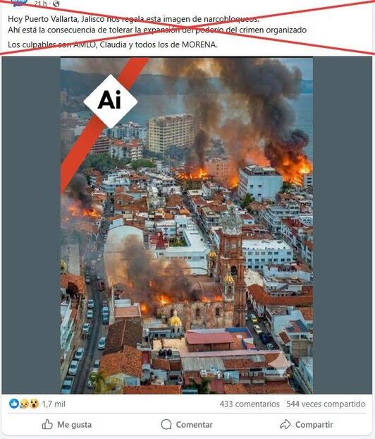 Una supuesta imagen de Puerto Vallarta en llamas, creada con IA. 