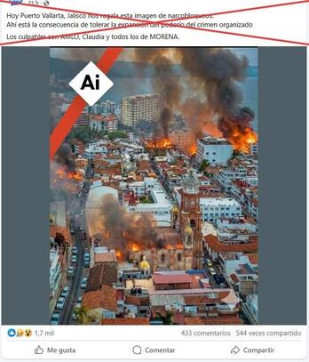 Una supuesta imagen de Puerto Vallarta en llamas, creada con IA. 