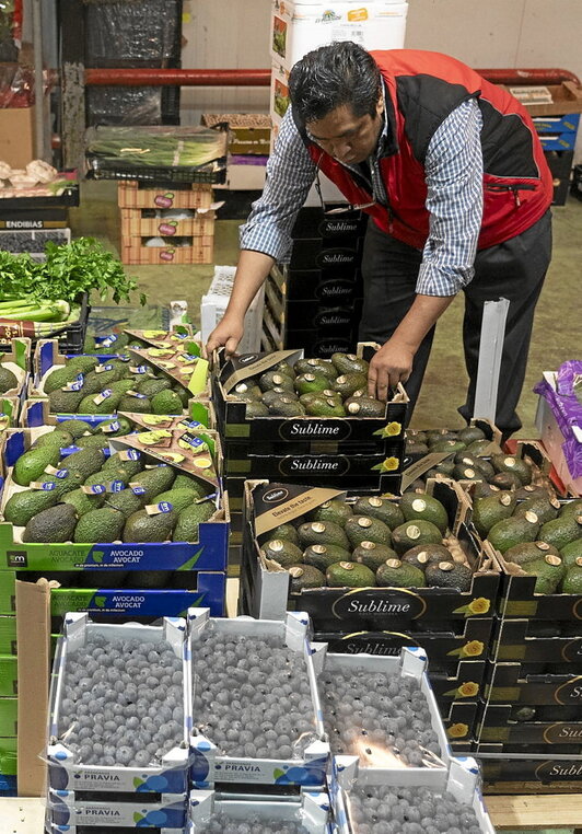 Un hombre apila cajas de frutas y verduras.