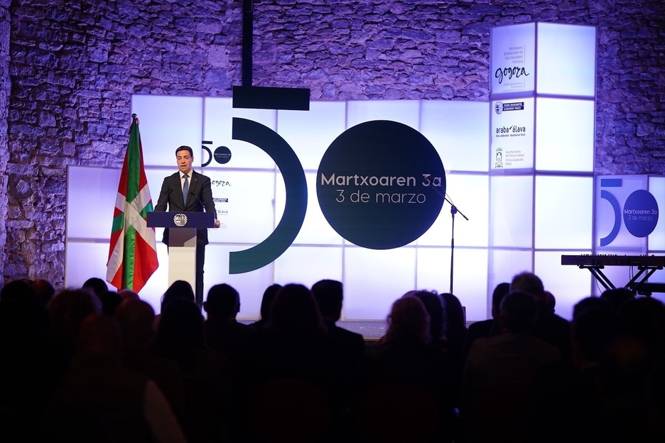 Imanol Pradales lehendakaria Gogora Memoriaren Institutuak antolatutako ekitaldi instituzionalean.