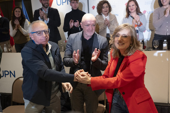 Miguel Sanz, Javier Esparza y Cristina Ibarrola, tres de los últimos presidentes de UPN (falta Yolanda Barcina) en una reunión del partido en diciembre.