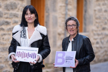 Agurne Gaubeka eta Garbiñe Petriati, txostenaren aurkezpenean, Gasteizen.