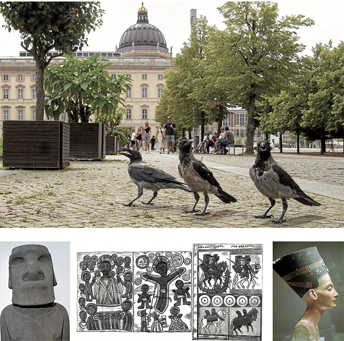 El parque Lustgarten de Berlín, con el Museo Etnológico al fondo. Abajo, dos de los tesoros que se encuentran en el Museo Británico: la estatua de piedra Hoa Hakananai'a de la Isla de Pascua y el facsímil de dos páginas de una Biblia abisinia. Una representa la creación de Adán y Eva y la crucifixión; y la otra, a San Teodoro y San Jorge con el dragón. En 1868, numerosos objetos de arte etíopes fueron saqueados por soldados británicos. Al fondo, la reina Nefertiti, procedente de El Amarna, Egipto, que se encuentra en el Museo Egipcio de Berlín. Robert Heemskerk, CM Dixon - The Print, Collector -Heritage Images, Getty Images
