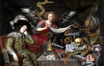 «Zaldunaren ametsa», 1655, Antonio de Pereda; aingeruak lo den zaldunari aberastasun, ohore eta loriaren izate iragankorra erakusten dio.