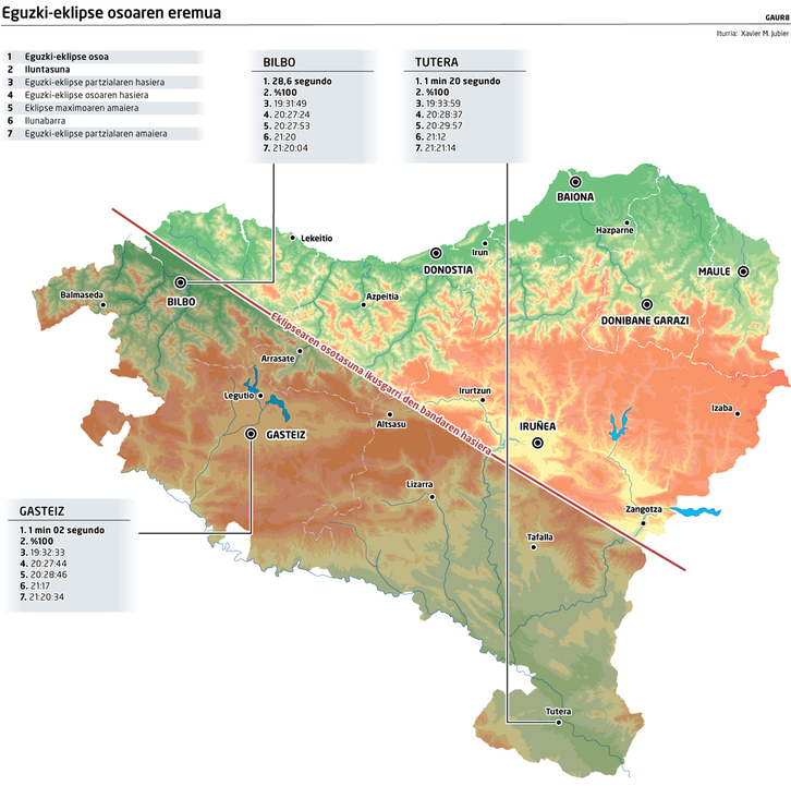 Eklipsea ikusteko eremua jasotzen duen mapa.