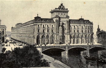 Grabado realizado por A.Carretero mostrando el palacio de Alberto de Palacio.