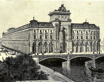 Grabado realizado por A. Carretero, que muestra la construcción proyectada por el arquitecto Alberto de Palacio.