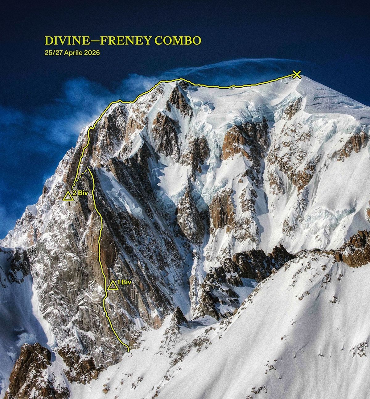 Alpinistok eginiko lotura: 'Divine providence' eta Frêneyko zutoin nagusia. (Mirco GRASSO)